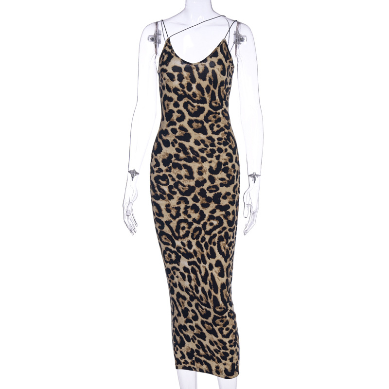 Leopard Print Strap Dresses Women Sexy Deep V Bodycon Long Dress Club Wear Free Ship