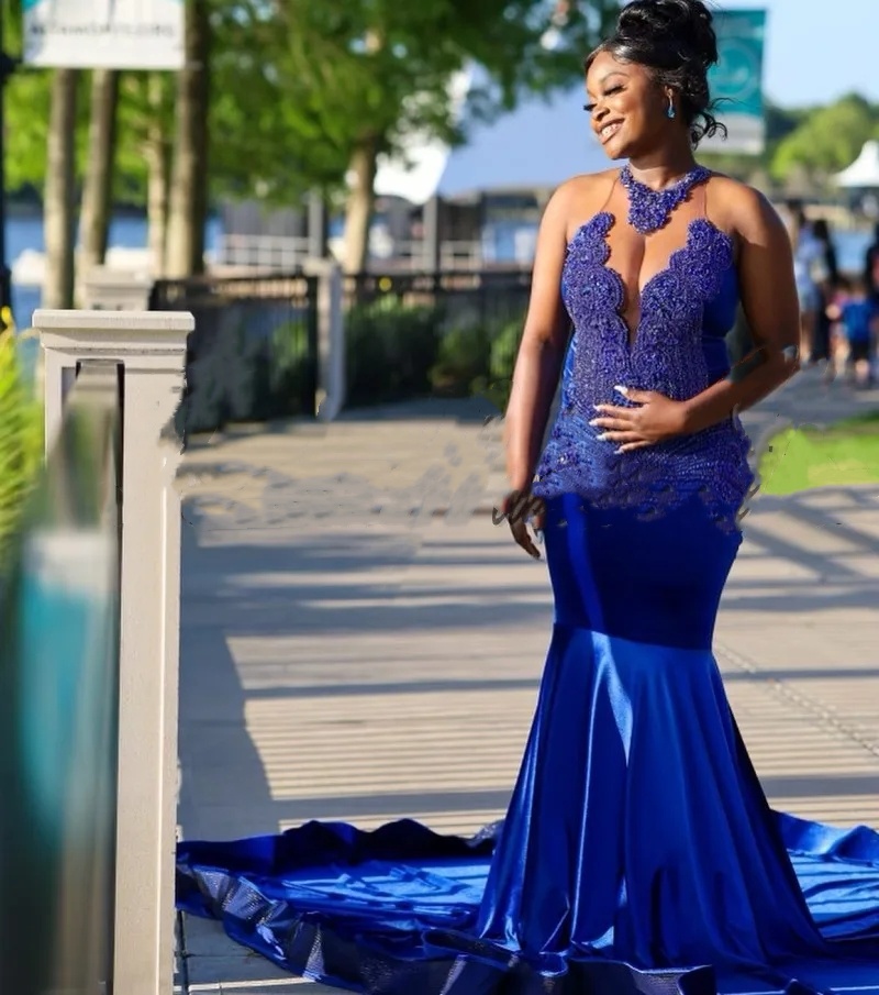 Sexy Royal Blue Velvet Vestidos De Gala Mermaid Prom Dresses For Black Girls 2024 Crystal Robe De Soiree Evening Birthday Party Gowns