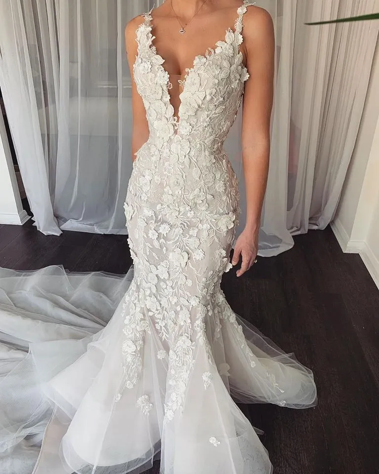 Mermaid Wedding Dresses Tulle 3D Floral Appliques Spaghetti Wedding Gowns Backless Sweep Train Vestidos De Novia282U