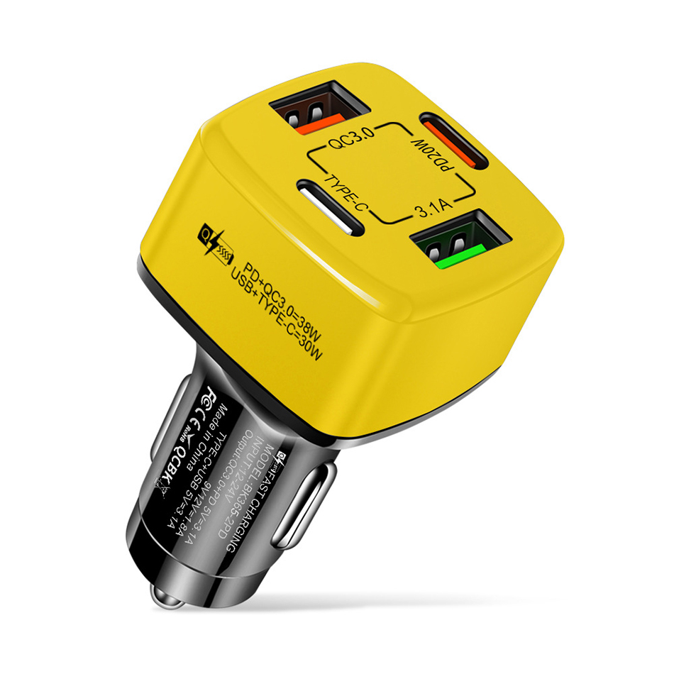 PD 20W 4 USB Cargador de coche Carga rápida Tipo C QC3.0 Cargador Múltiples puertos para iPhone Xiaomi Huawei Adaptador de teléfono Amarillo