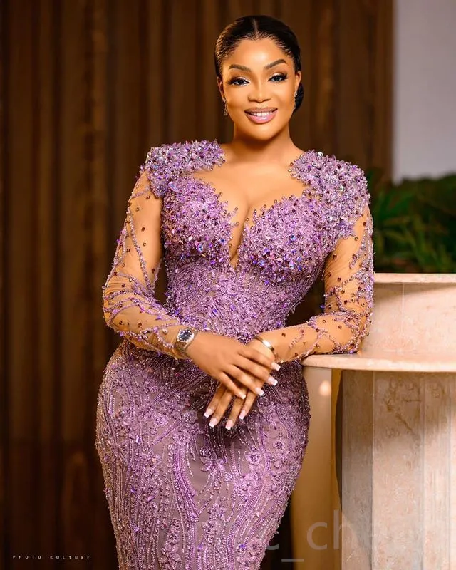 2023 Aso Ebi Lilac Sheath Prom Dress Beaded Lace Sexy Evening Formal Party Second Reception Birthday Engagement Gowns Dresses Robe De Soiree ZJ740