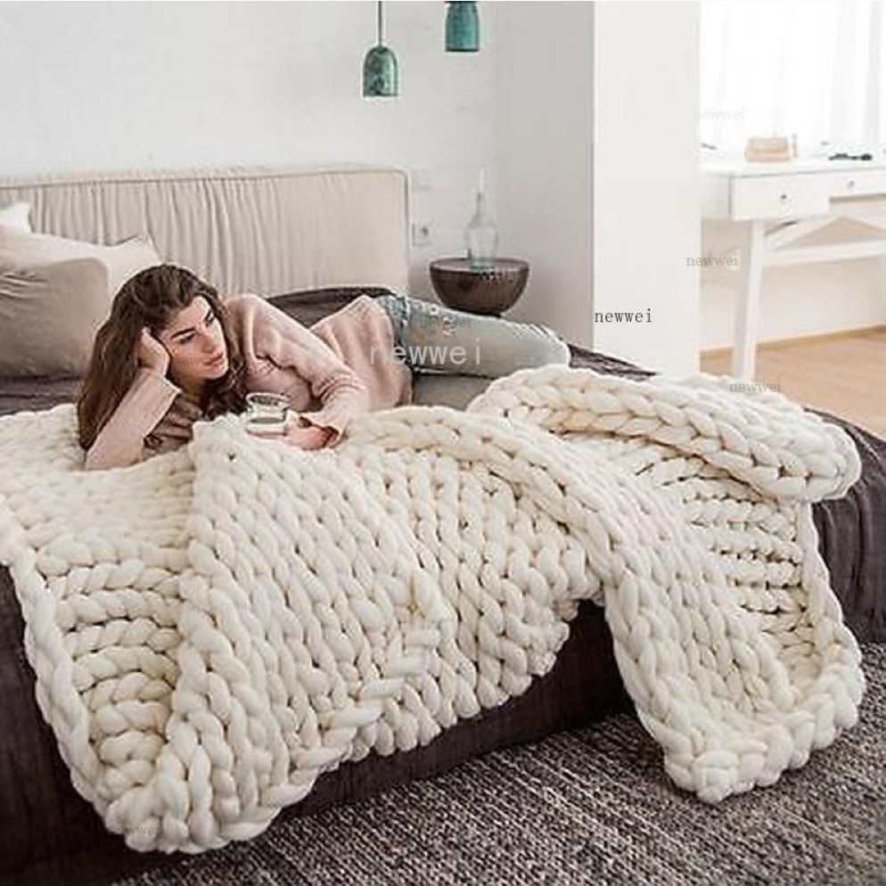 Couverture tricotée à la main en fil épais, laine mérinos, couvertures à tricoter volumineuses, style nordique, Drop294S