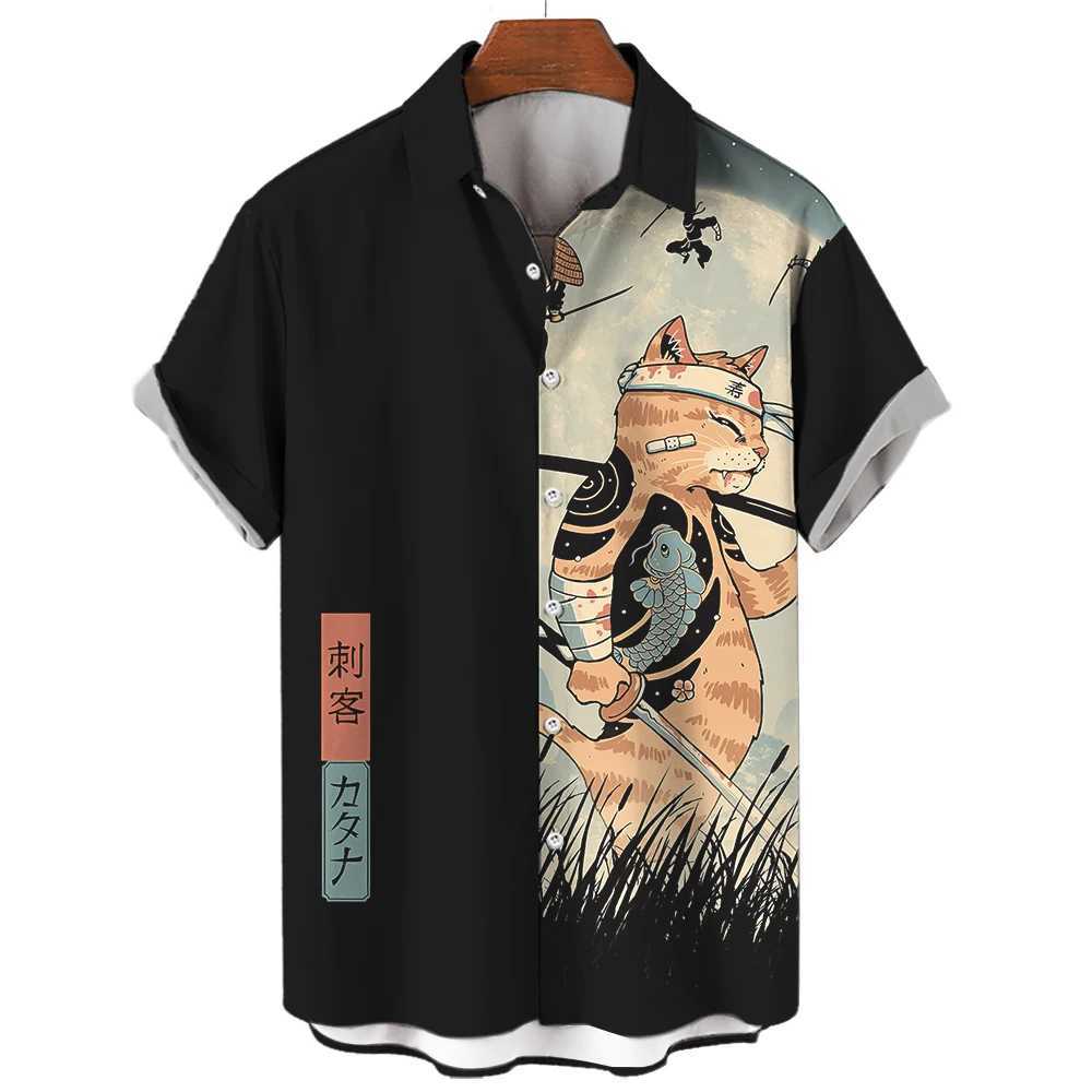 Heren T-shirts Casual Hawaiiaans overhemd Man Japans Bushido 3D-patroon overhemd Heren shirts Cartoon dier Kat 3D-printen Heren overhemd Herenkleding