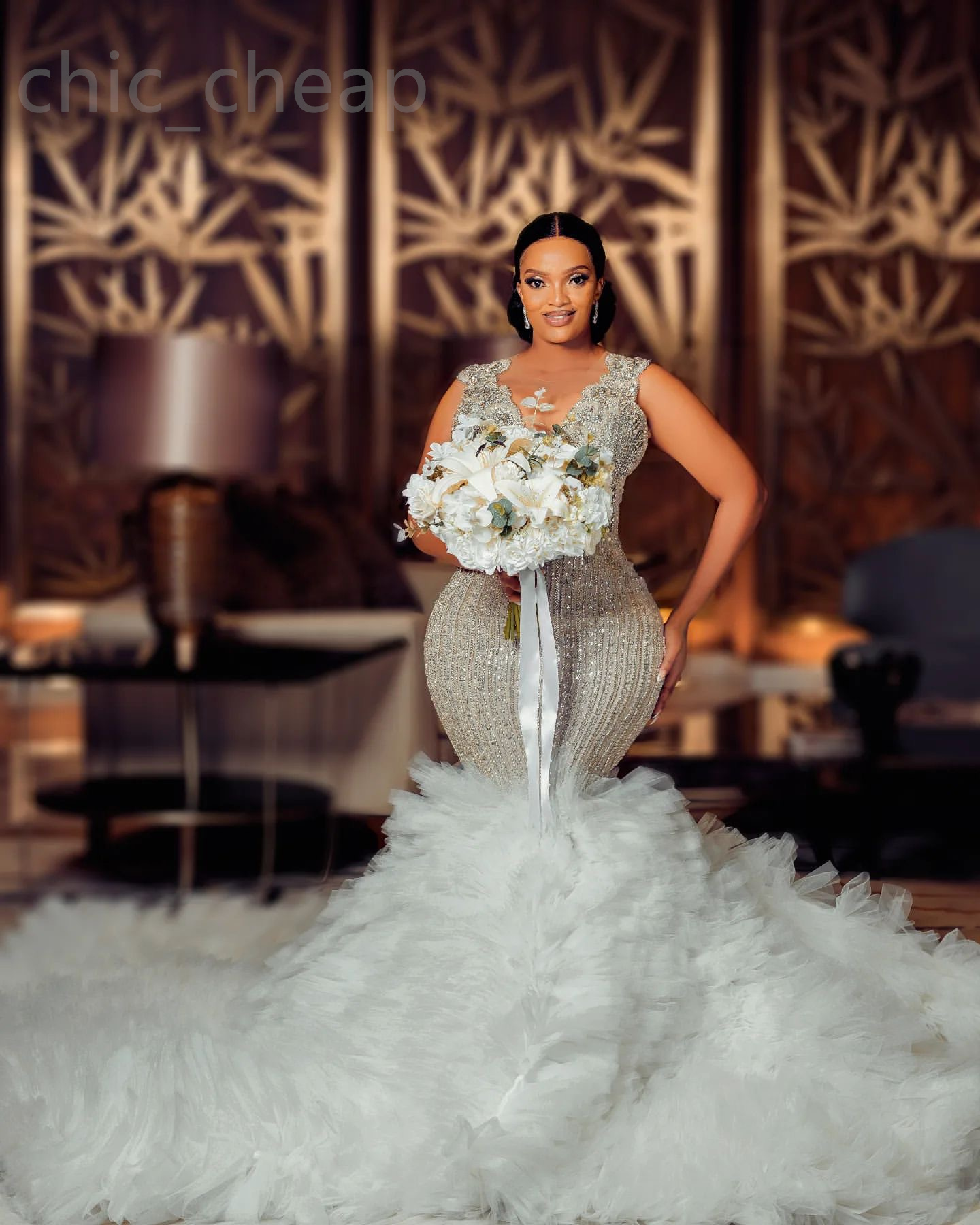 2024 Arabic Aso Ebi Plus Size Ivory Luxurious Mermaid Wedding Dress Beaded Crystals Tiers Tulle Bridal Gowns Dress ZJ102