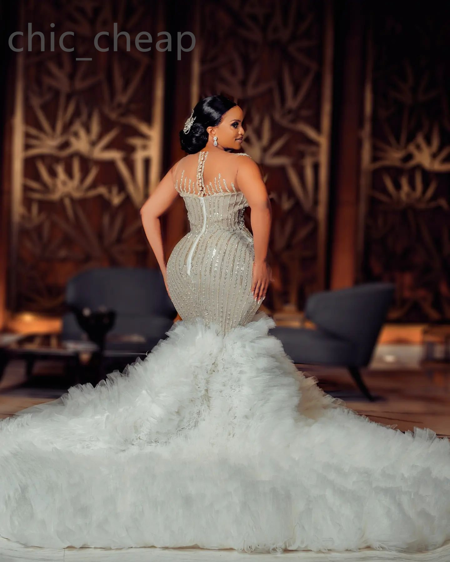 2024 arabe Aso Ebi grande taille ivoire luxueux sirène robe de mariée perles cristaux niveaux Tulle robes de mariée robe ZJ102