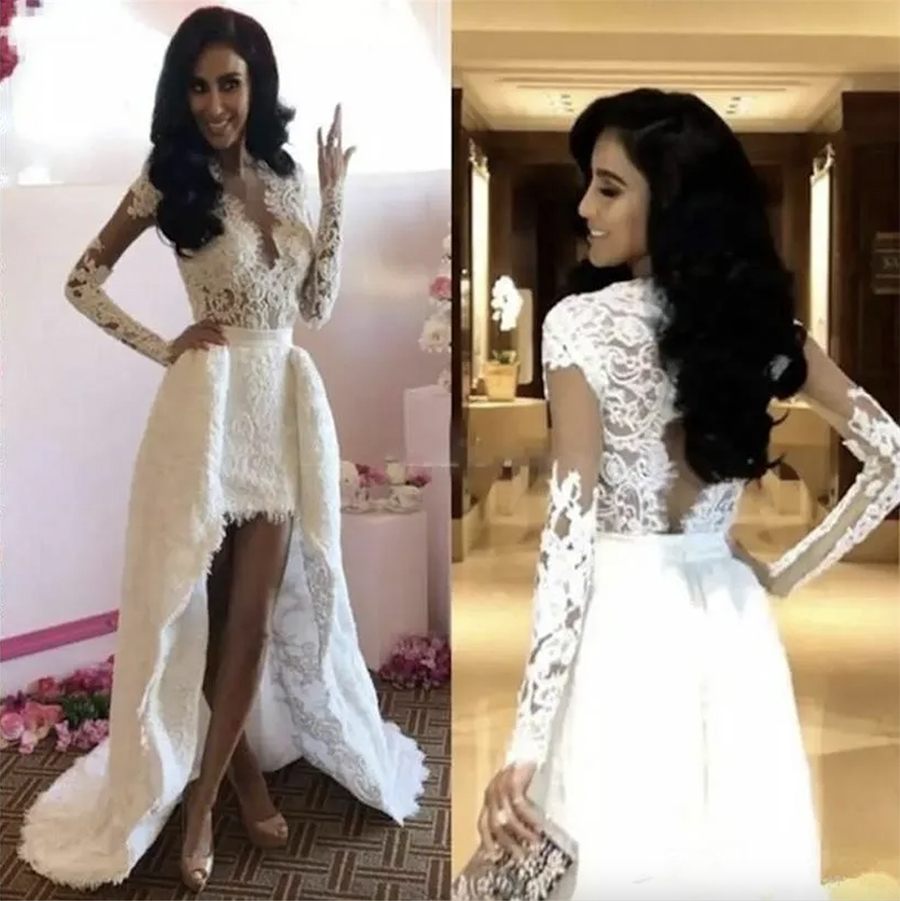 2024 Nuovi abiti da sposa in pizzo corto davanti lungo dietro Manica lunga treno staccabile scollo a V Hollow Back Abiti da sposa alti bassi formali