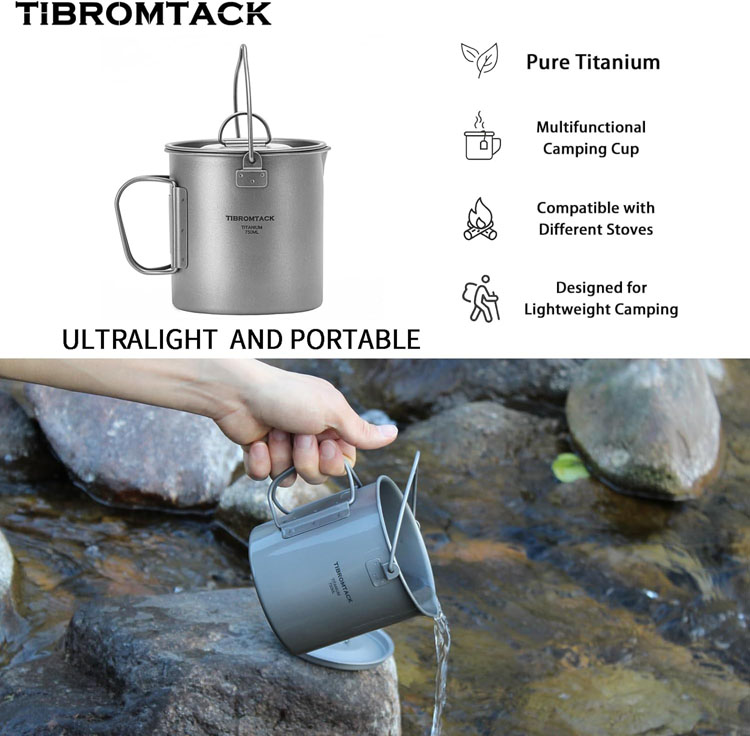 TIBROMTACK Tasse de camping en titane 750 ml avec couvercle et poignée pliable, pot portable ultraléger pour voyage, randonnée, pique-nique, cuisine à feu ouvert avec sac en filet