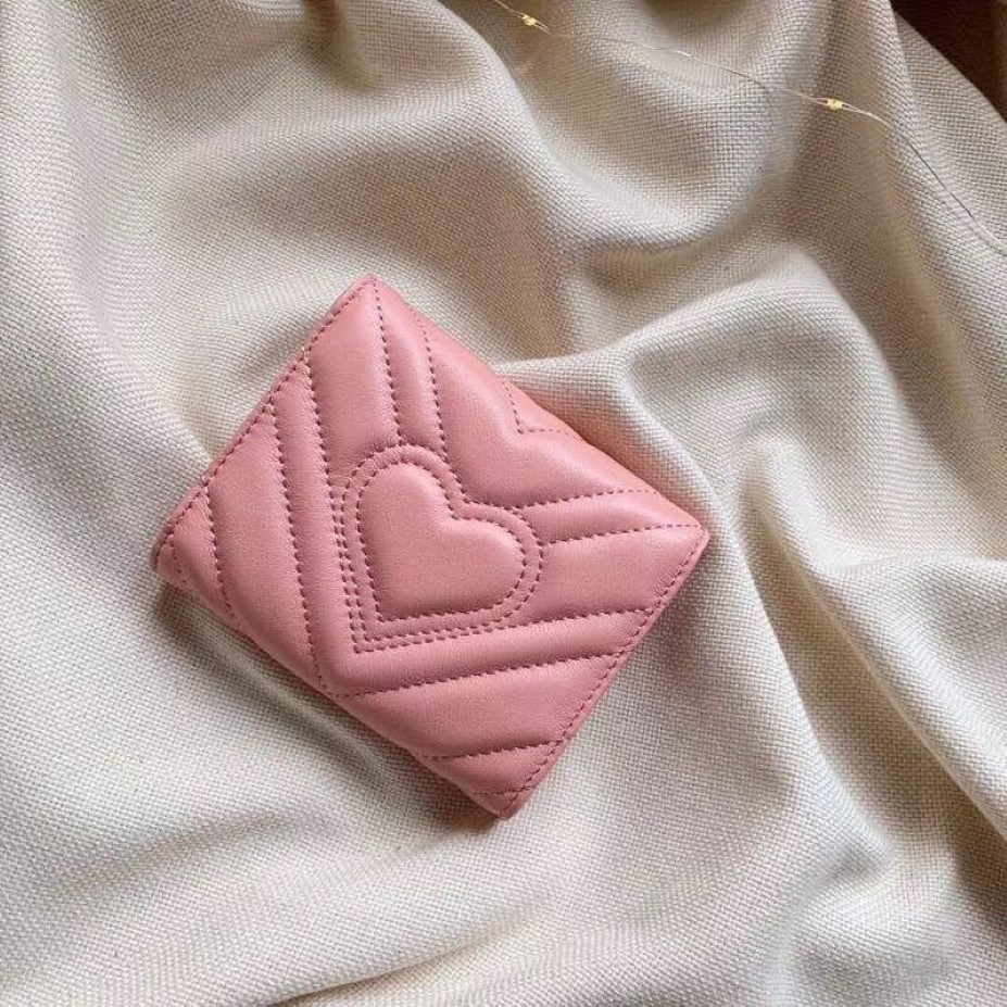 Designer-Short Wallets Casual Purses Embossing Heart Leather Wallet with Box Womens Luxury Pink Wallets Card Holder Purse Bag304g