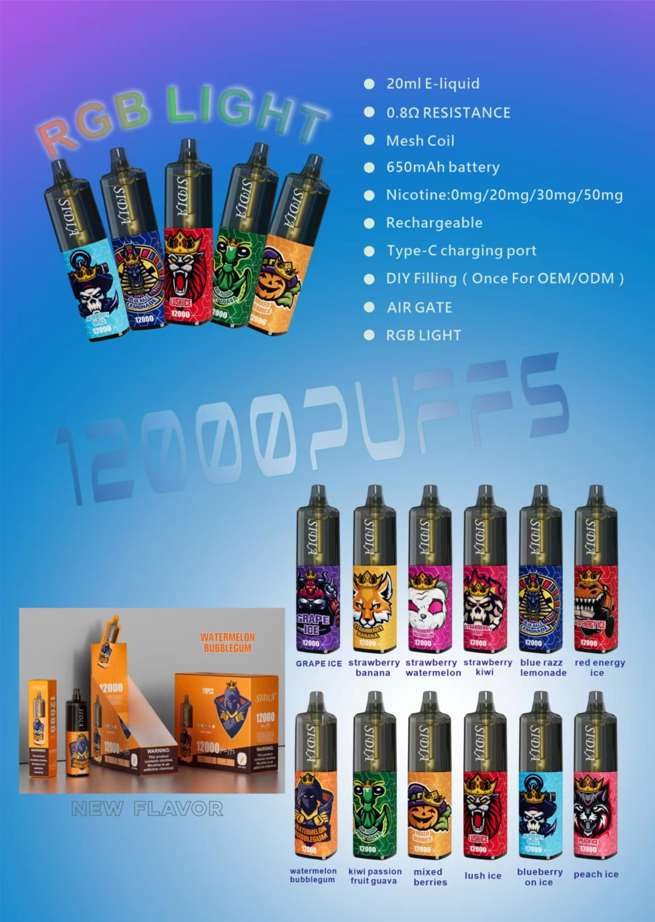 2024 Europe vente chaude Sidia bouffée 12000 bouffées 20 ml prérempli jetable Vape E-cigarette RGB lumière 11 couleurs maille bobine vape stylo kit de vapeur bouffée 12k