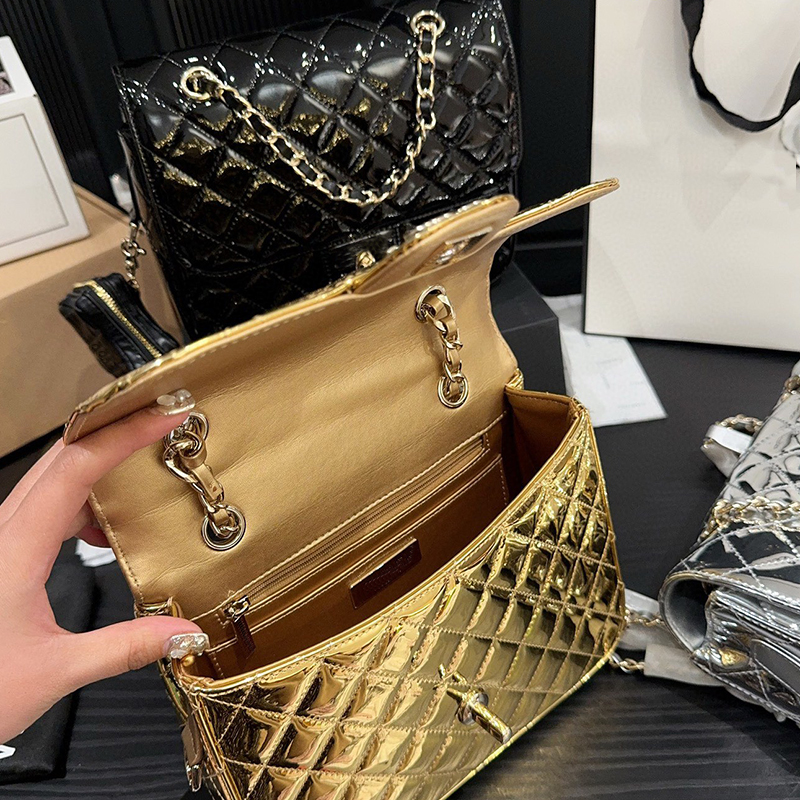 Стильная дизайнерская вечерняя сумка, блестящая золотая лакированная кожа, рюкзак, сумка-цепочка с ромбовидной решеткой и роскошная сумка-тоут с регулируемым широким ремешком