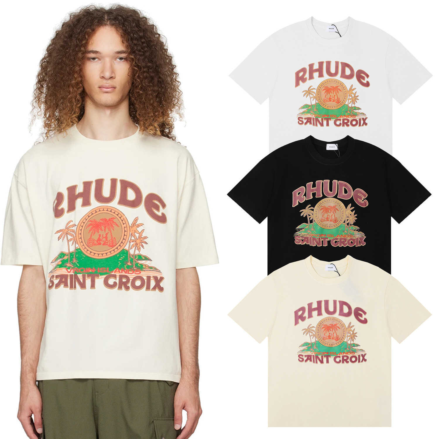 Meichao Spring/Summer New Rhude Letter Printing High Weight Dubbel garn Pure Cotton Casual Loose Short Sleeved T-shirt för män och kvinnor