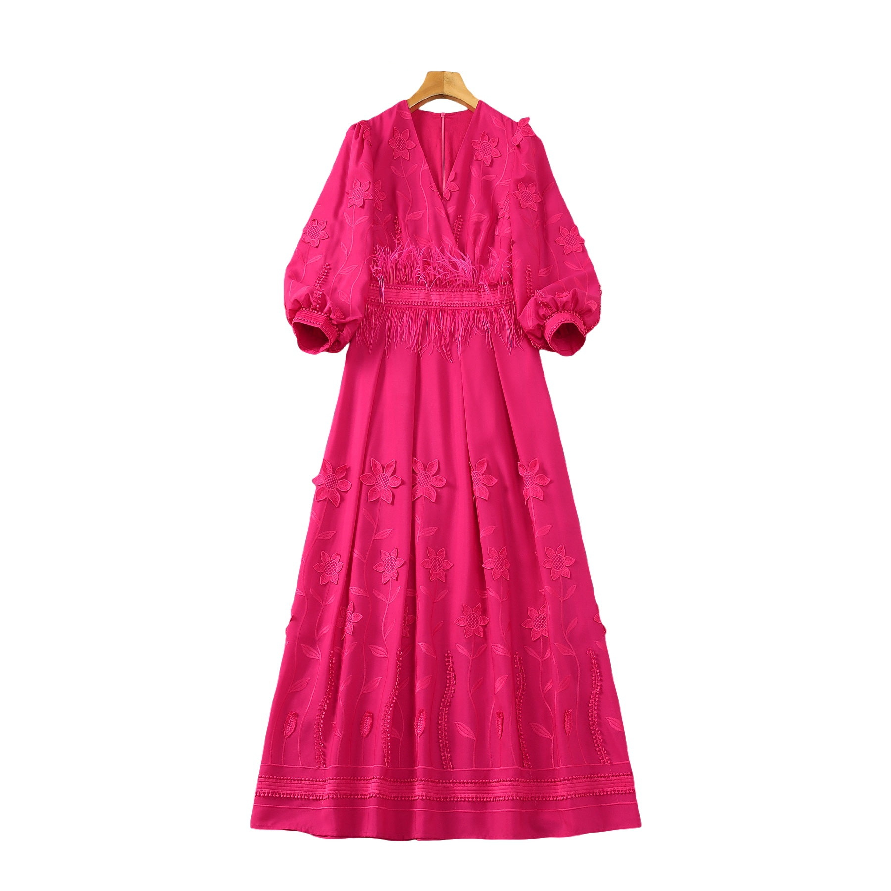 2024 Spring Pink 3D Flowers Embroidery Feather Dress 3/4 Sleeve V-Neck Panelled Midi Casual Dresses S4M110306 Plus Size XXL