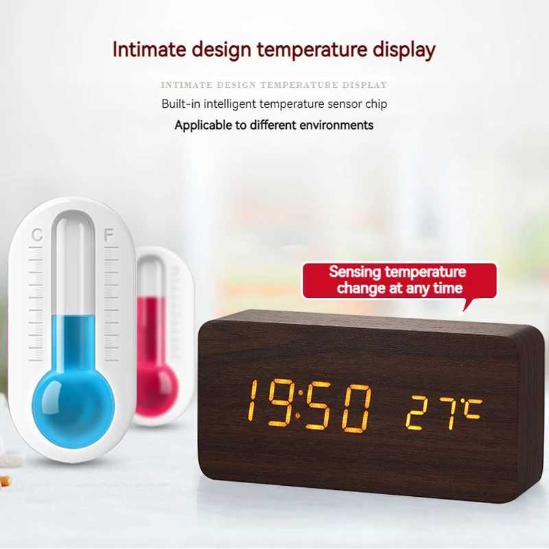 Autres horloges Accessoires Carré en bois LED Réveils intelligents pour chambres à coucher Horloge de chevet numérique avec commande vocale de température Horloge de bureau L2403