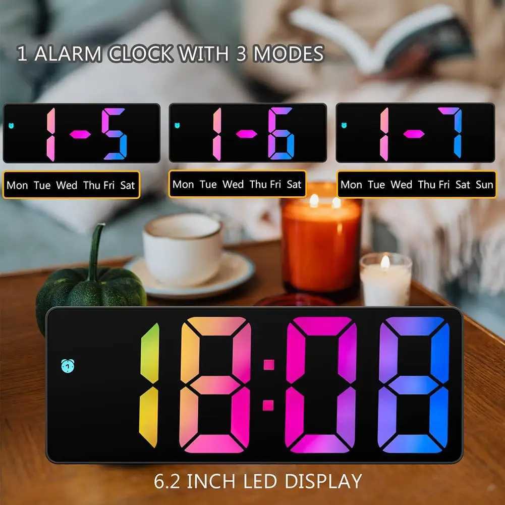 Otros relojes Accesorios Espejo LED Reloj despertador digital 12/24 horas Brillo ajustable Colorido Pantalla grande Relojes de escritorio Dormitorio Decoración de escritorio L2403