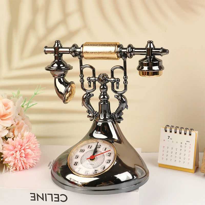 Other Clocks Accessories Retro Telephone Model Alarm Clock Creative Timekeeper Desktop Ornament For Home Room Bedside Table DecorationL2403