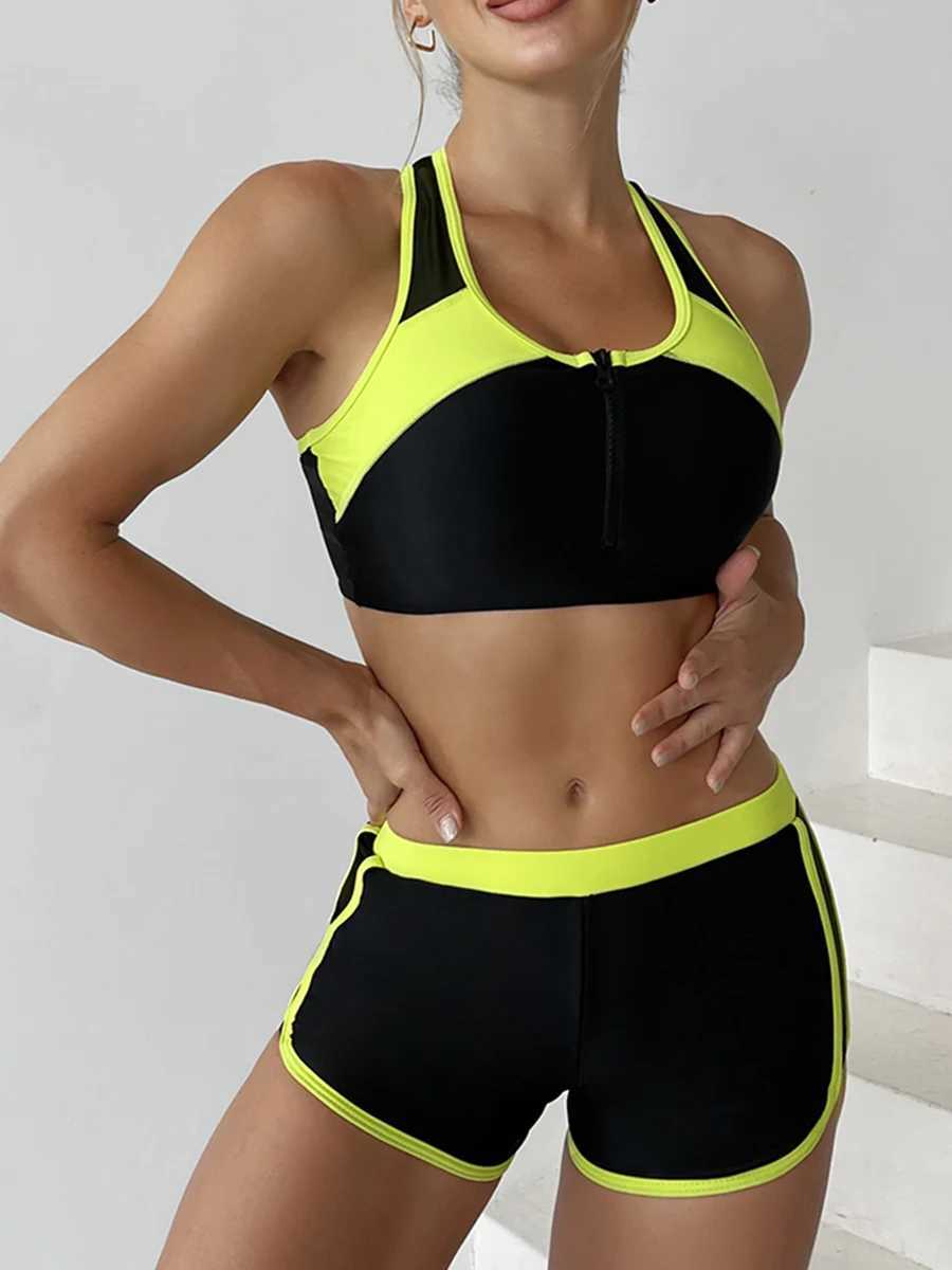 Swim Wear 2024 Ustaw bikini z Zipper dwuczęściowy strój kąpielowy Kobiety z krótkimi sportami stroju kąpielowego Kobiety stroju kąpielowego na plażę kąpielową na plażę Letnie sportowe sport 240311