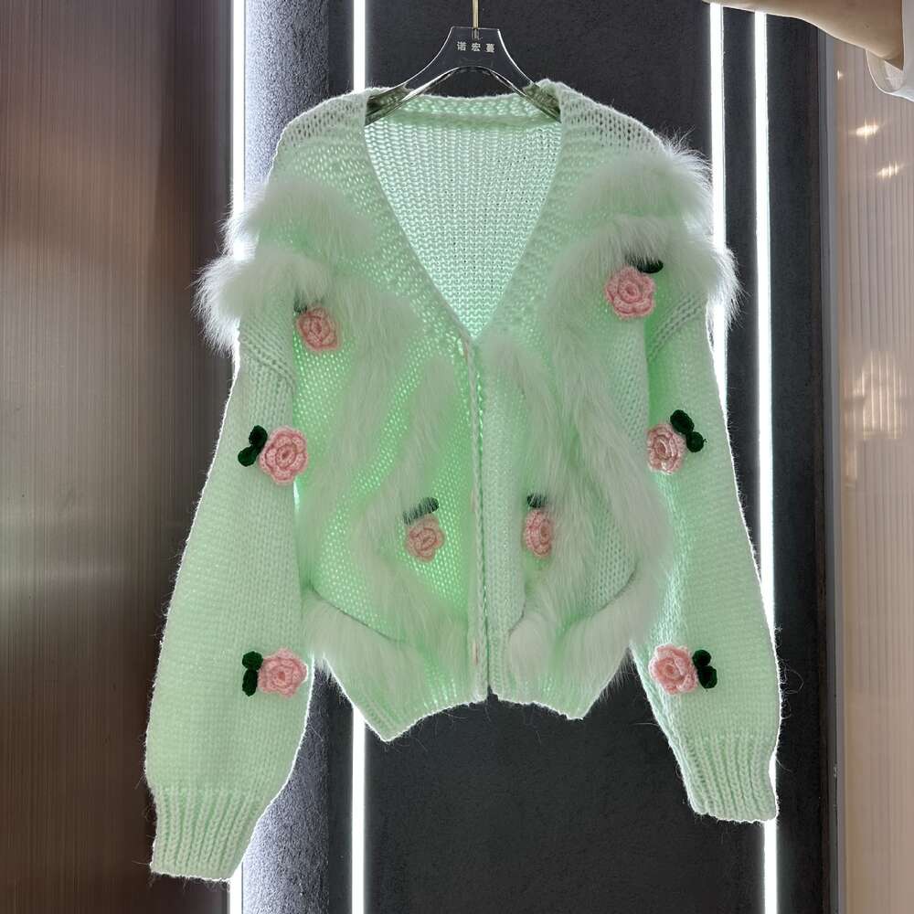 Fox Haining Hair New Fur Coat Women's Short Flower Knitted Sweater Cardigan Car Strips Young And Fashionable 5919