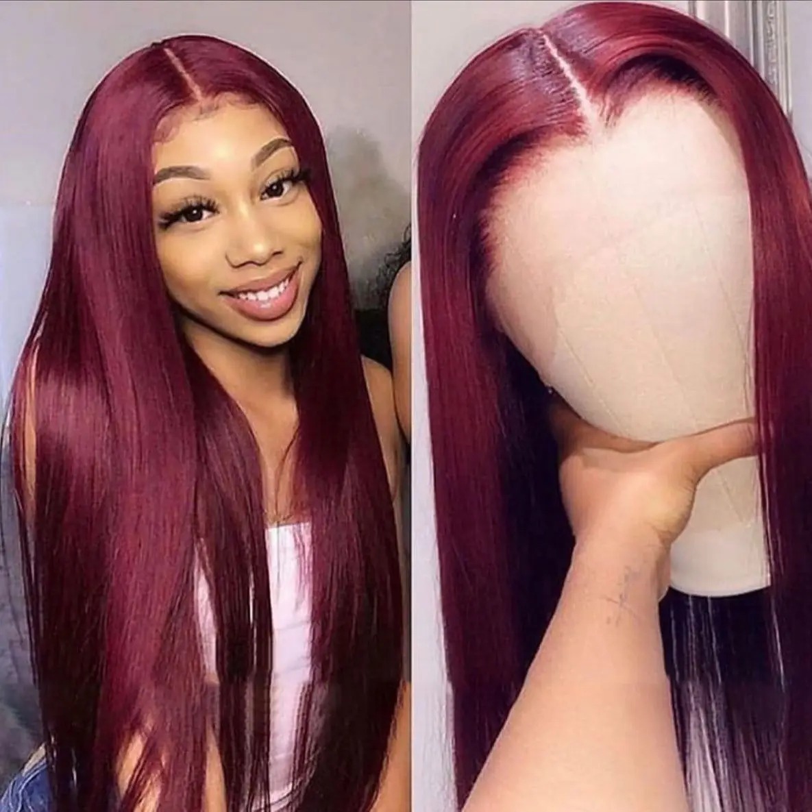 Perruque Lace Frontal Wig naturelle lisse bordeaux 99J HD, sans colle, prête à porter, couleur rouge 180%, 13x4 HD