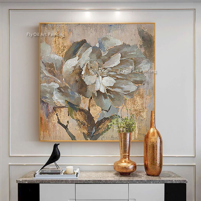 100% handgemaakte moderne abstracte goudfolie bloem olieverfschilderij op canvas nordic wall art foto voor woonkamer home decor