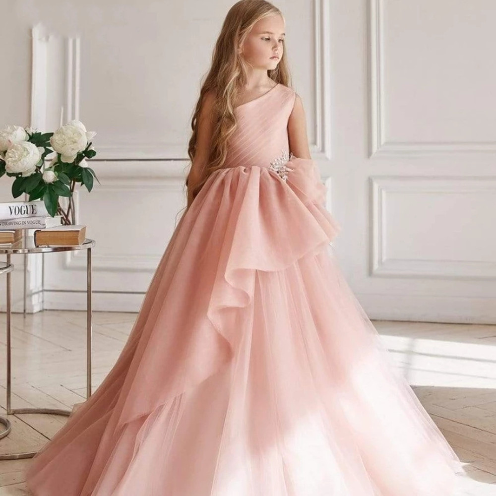 Robes de mariage à fleurs pour filles, jolies robes de bal à col transparent, robes de fête d'anniversaire pour enfants, avec nœud papillon perlé, vêtements de concours pour tout-petits