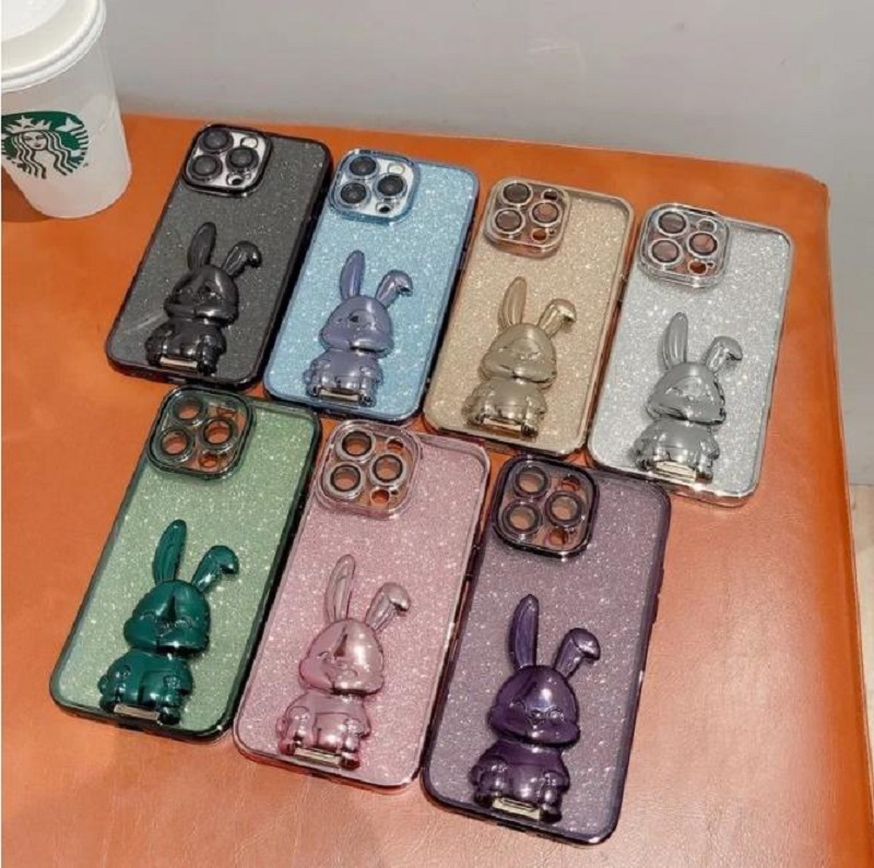 Coque de téléphone avec support de lapin stéréo, étui de luxe plaqué à paillettes pour iPhone 11 12 13 14 Pro Max X Xs Max Xr 7 8 14 Plus, nouvelle collection 2023