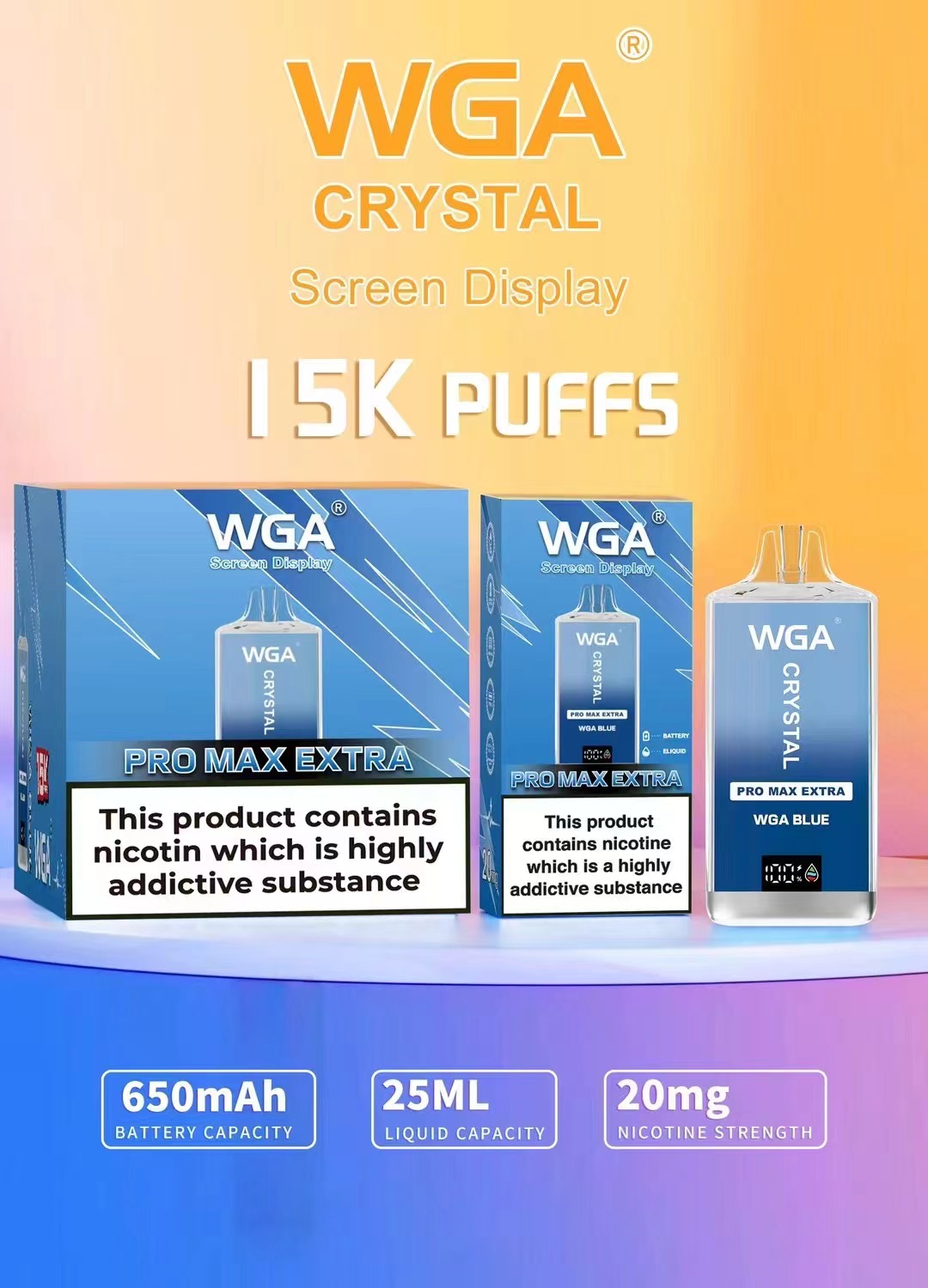 WGA Crystal Pro Max Extra 15000 Puffs使い捨てベイプペン12K 15Kパフバー2％ニコチンプレフィルドeバッテリーディスプレイスクリーンVapes Vaper Puff1000000