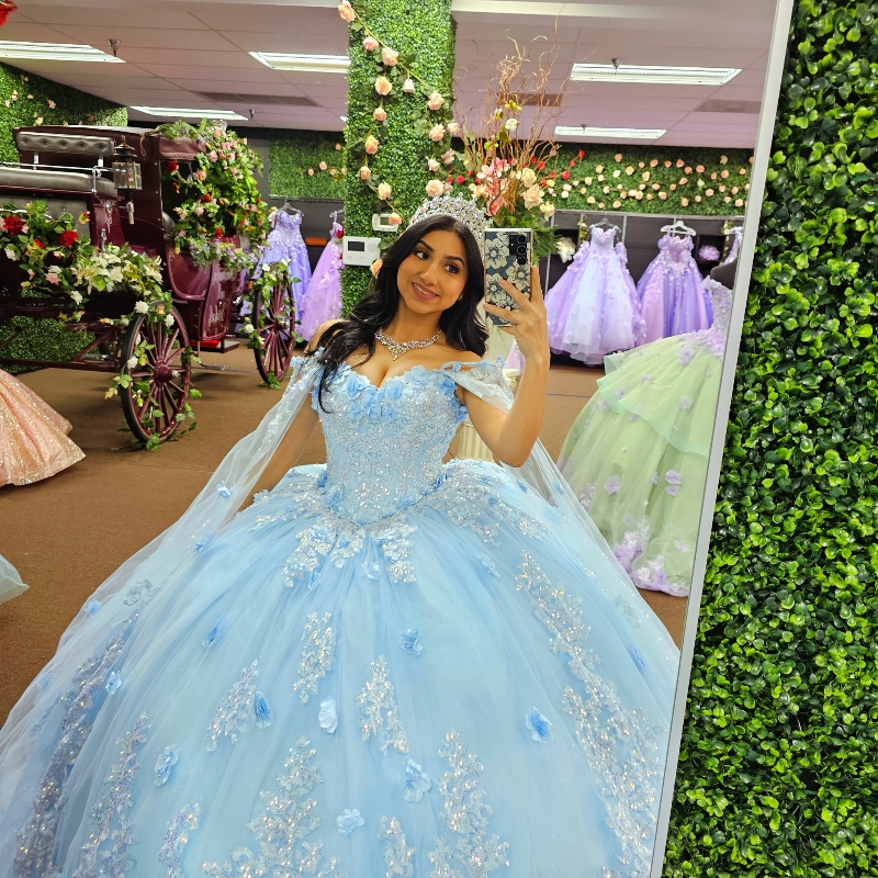 Hemelsblauw Glanzend Quinceanera Jurken Prinses Applique Kant Bal Verjaardagsfeestje Gown Sweet 16 Jurken Prom Vestidos De 15 Anos