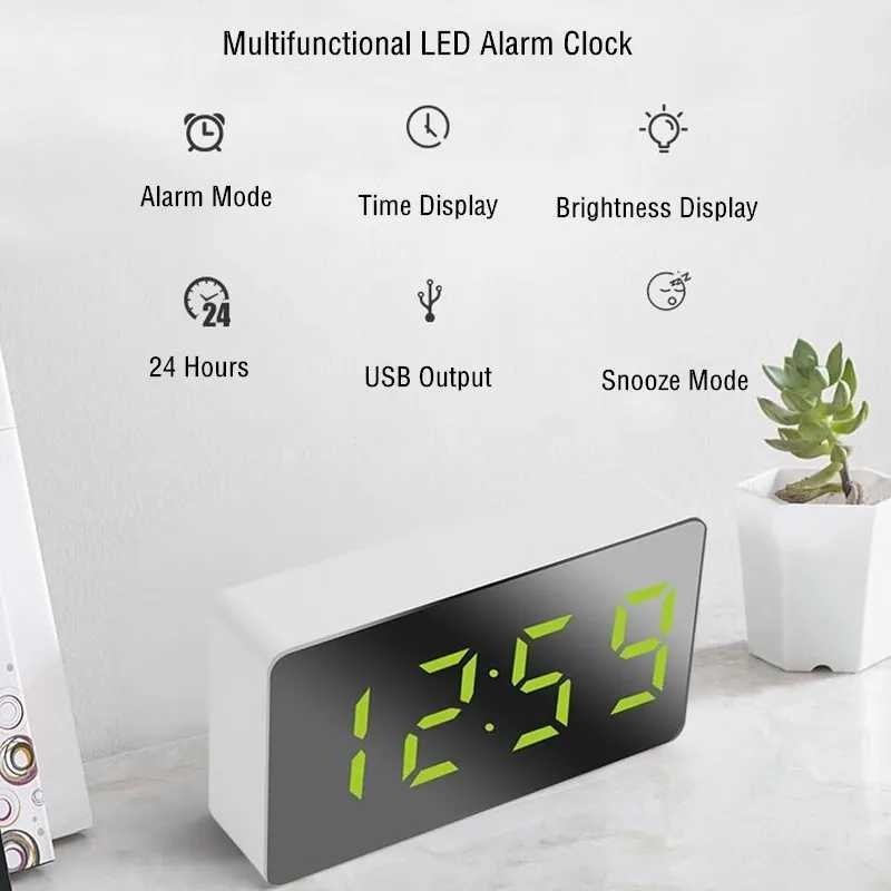 Andra klocktillbehör Digital Alarm Clock LED Curved Surface Mirror Electronic Clock Night Mode Snooze Desktop Table Clock för hemdekorationL2403