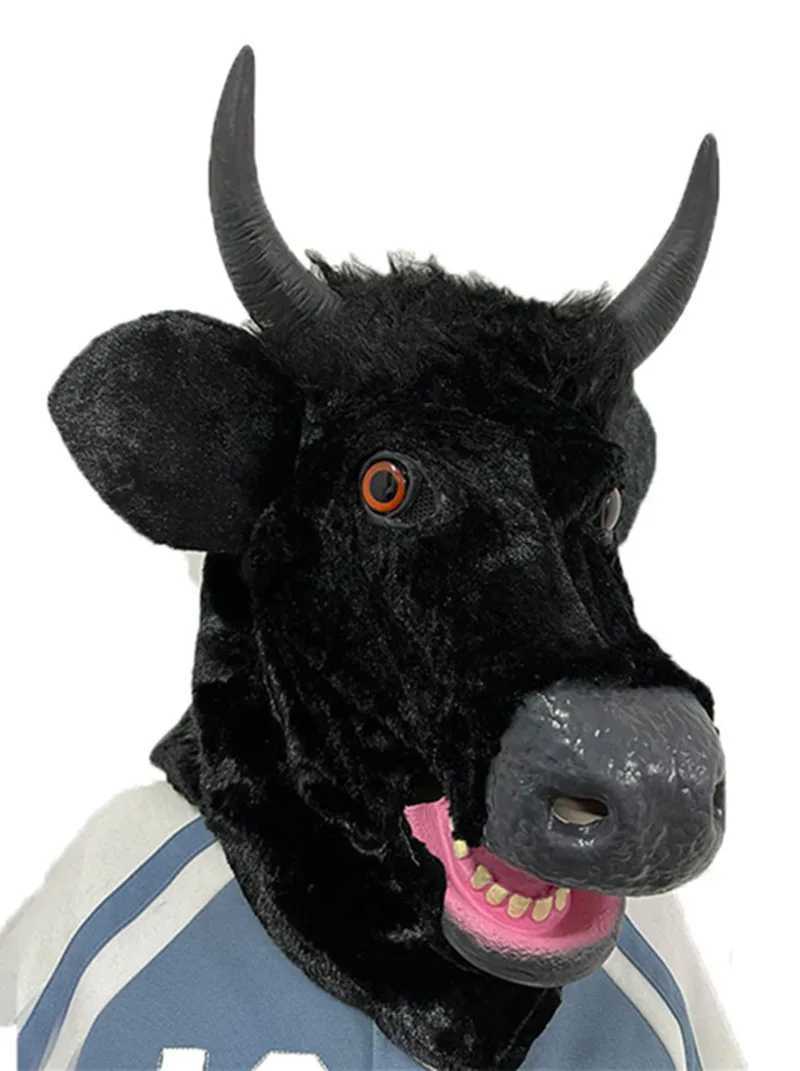 Maschere di design Maschera di Halloween Realistico Muovi la bocca Mucca - Inquietante Toro in movimento Fursuit Testa di animale Maschera in lattice di gomma -Up Costume Party Cosplay