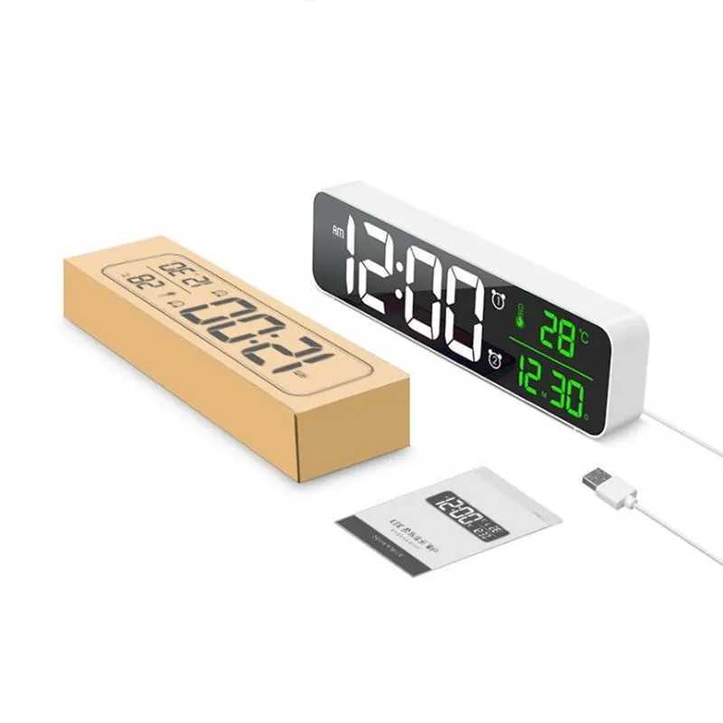 Andra klocktillbehör LED Digital Alarm Clock Temperatur Datum Display Snooze USB Desktop Strip Mirror LED -klockor för vardagsrumsdekorationL2403