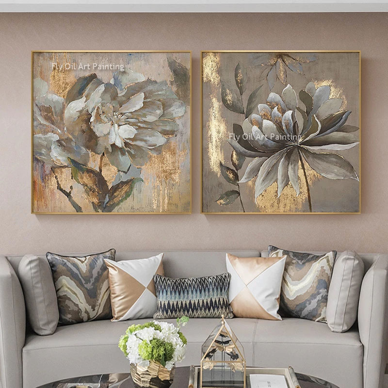 100% handgemaakte moderne abstracte goudfolie bloem olieverfschilderij op canvas nordic wall art foto voor woonkamer home decor