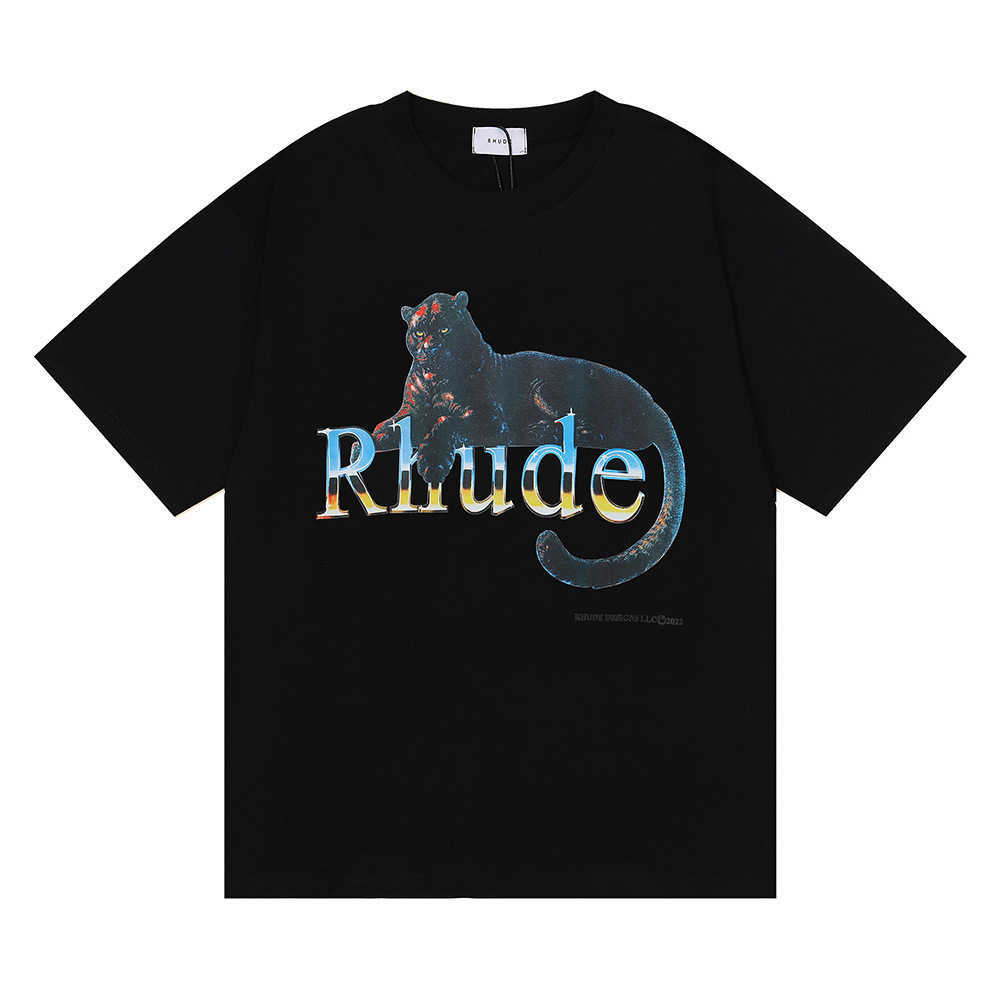 Trendiges RHUDE-Fußballstar mit dem gleichen schwarzen Panther-Buchstabendruck, kurzärmeliges T-Shirt für Männer und Frauen, Paar, High Street, halbarm