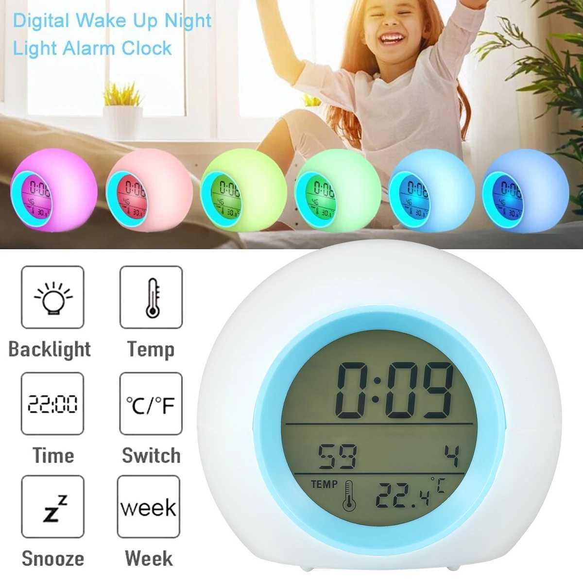 Andra klocktillbehör Kids Alarmklocka LED Digital Clock 7 Färg Byt nattlätt Bedside Clock 12/24H Batteridriven inomhus temperatur2403