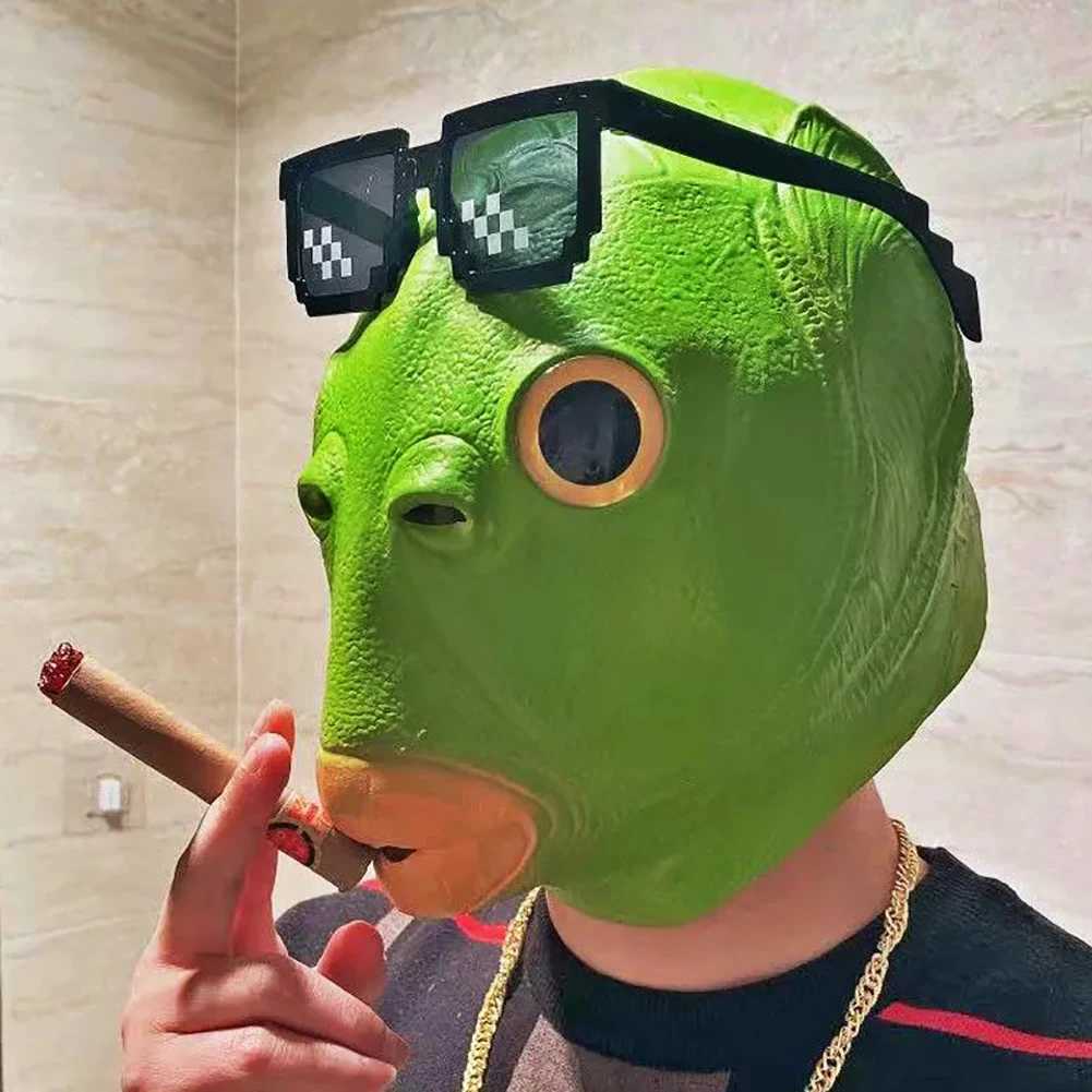 Designerskie maski zabawne zielone ryby maska ​​na głowę dla dorosłych imprezę karnawałową lateks Halloween Cosplay Cosplay Mask maske