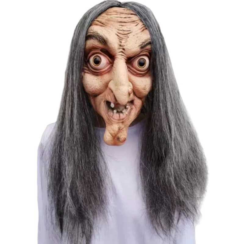 Designer Masks Halloween Horror Long Hair Witch Head Cover Old Man Mask Party Cosplay Haunted House Scary Props Adult Full Face Latex Headdress