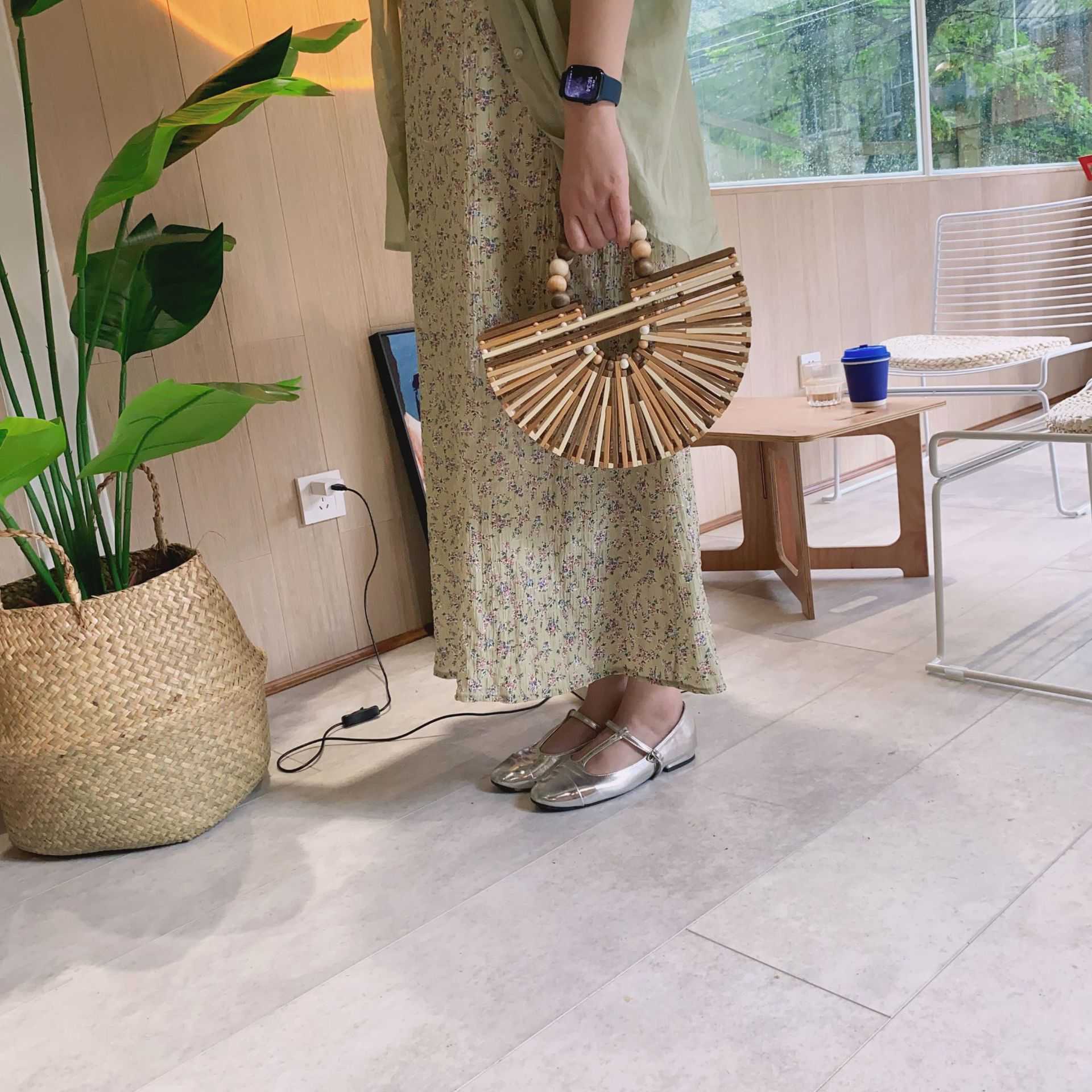 Beach Handbag Hollowed Out Pearl Woven Women s Bamboo Handmade Semi Circular Hand Held Beach Bag 240312