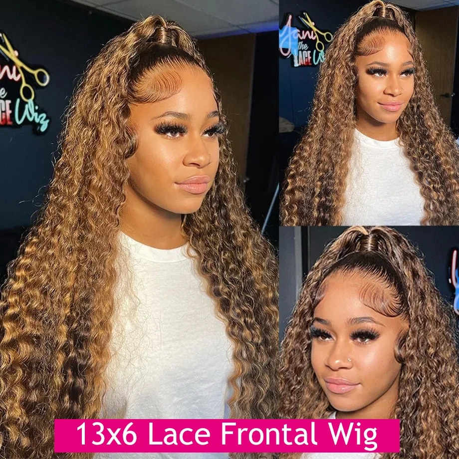 Perruque Lace Frontal Wig naturelle bouclée, cheveux naturels, blond miel, Deep Water Wave, 13x4 HD, Go, sans colle, 30, 32, 34 pouces