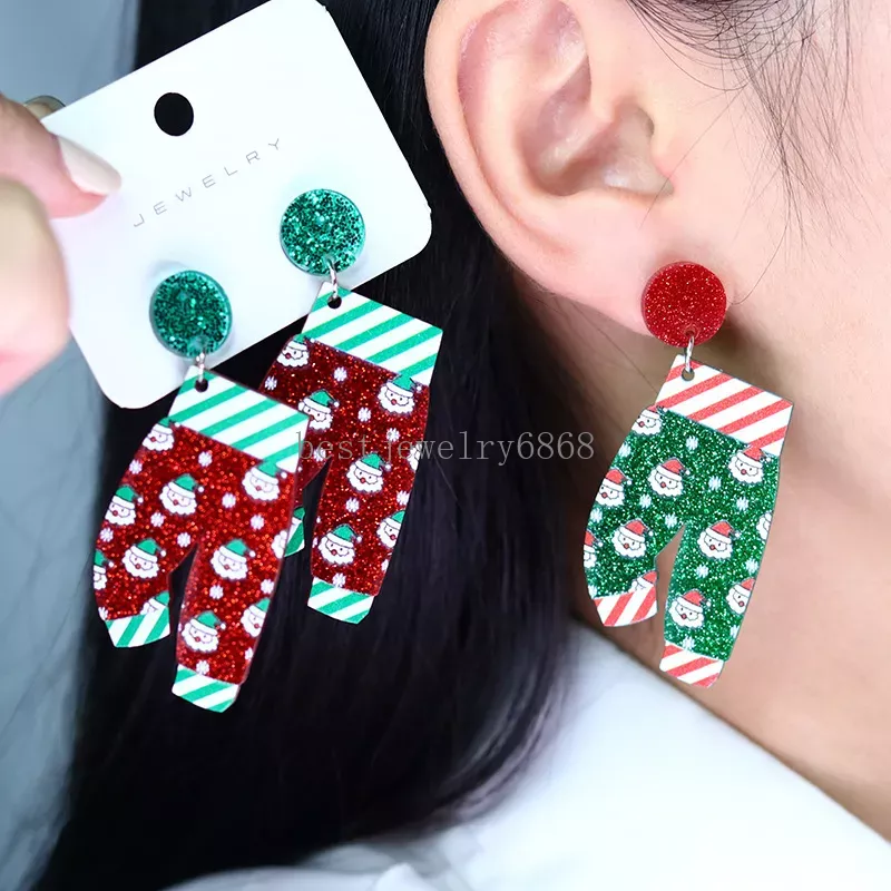 Women Christmas Stud Drop Earrings Fashion Acrylic Red Green Sweater Pant Santa Claus Snowman Elk Xmas Tree Hat Design Charm Earring New Year Holiday Jewelry Gift
