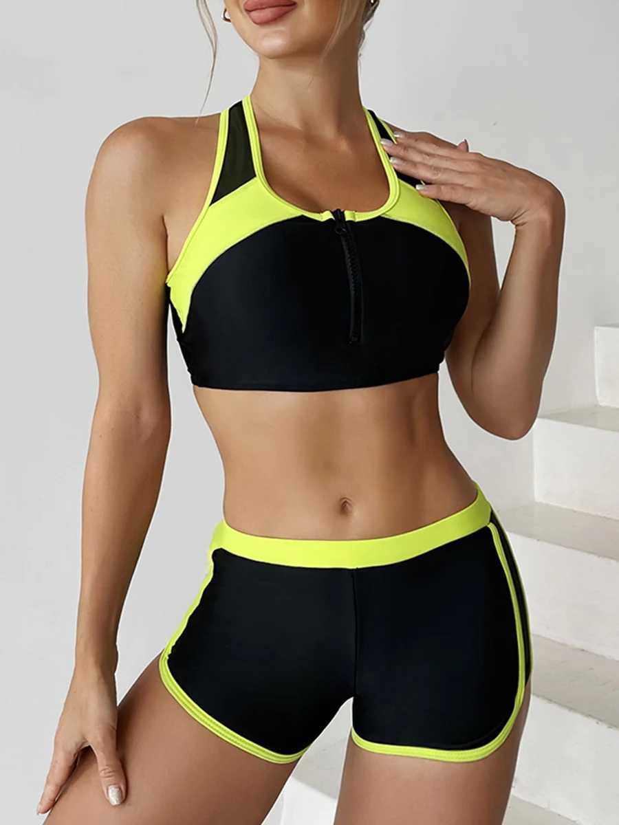 Swim Wear 2024 Ustaw bikini z Zipper dwuczęściowy strój kąpielowy Kobiety z krótkimi sportami stroju kąpielowego Kobiety stroju kąpielowego na plażę kąpielową na plażę Letnie sportowe sport 240311