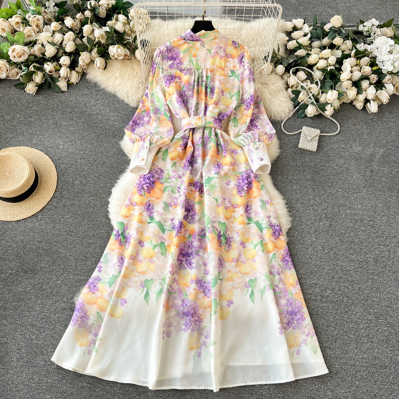 Fantaisie Devant Rétro Peint Maxi Chemise Robe Femmes Col Montant Boutons Cardigan Swing Robes À Manches Longues Dames Élégant Imprimé Bureau Casual Robes De Soirée Vêtements