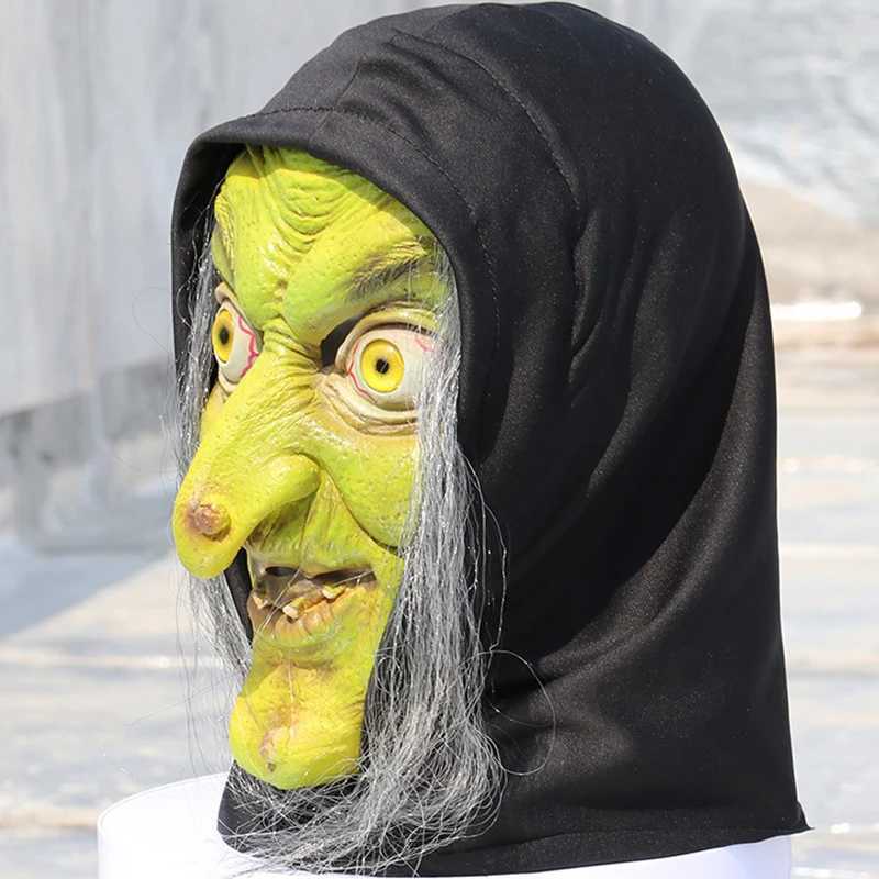 Designer Masks Horror Old Witch Mask Halloween Green Face Latex with Hair Fancy Dress Grimace Party Costume Cosplay Masks Props Adult One size