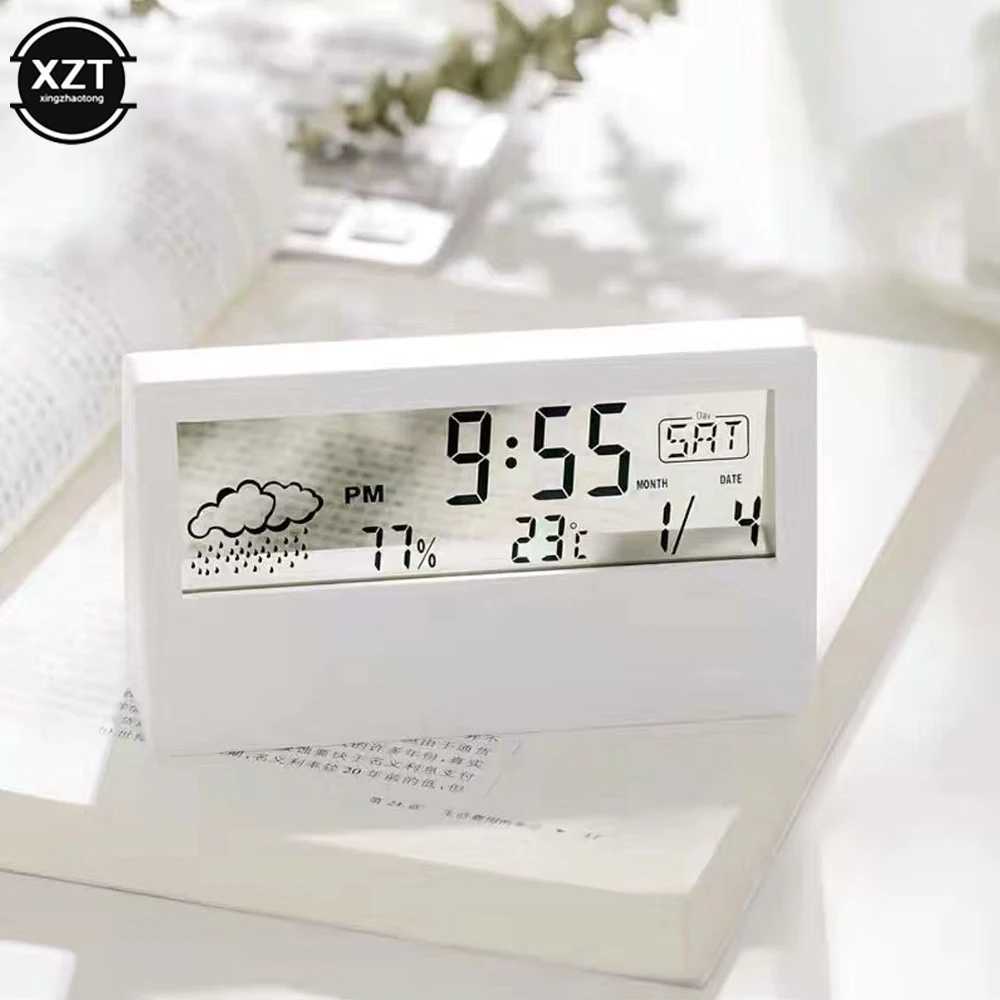 Outros relógios Acessórios Novo LCD Mesa Elétrica Despertador Branco com Calendário e Digital Temperatura Umidade Moderno Relógio de Escritório em Casa Bateria OperadoL2403