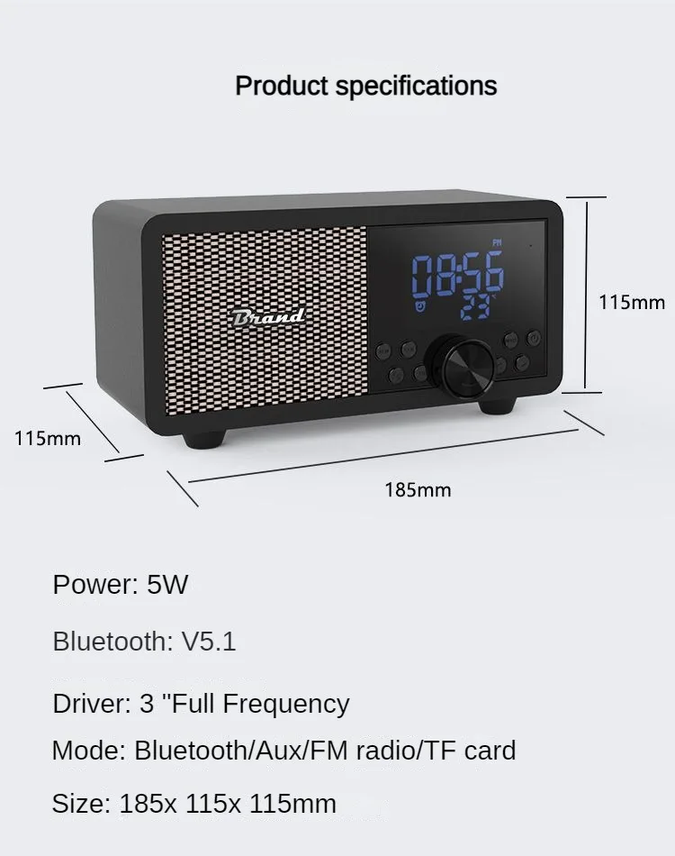 ポータブル家庭用振動ベース耐久性のあるBluetoothスピーカーLEDディスプレイ目覚まし時計ウッドレトロFMラジオ木製スピーカー