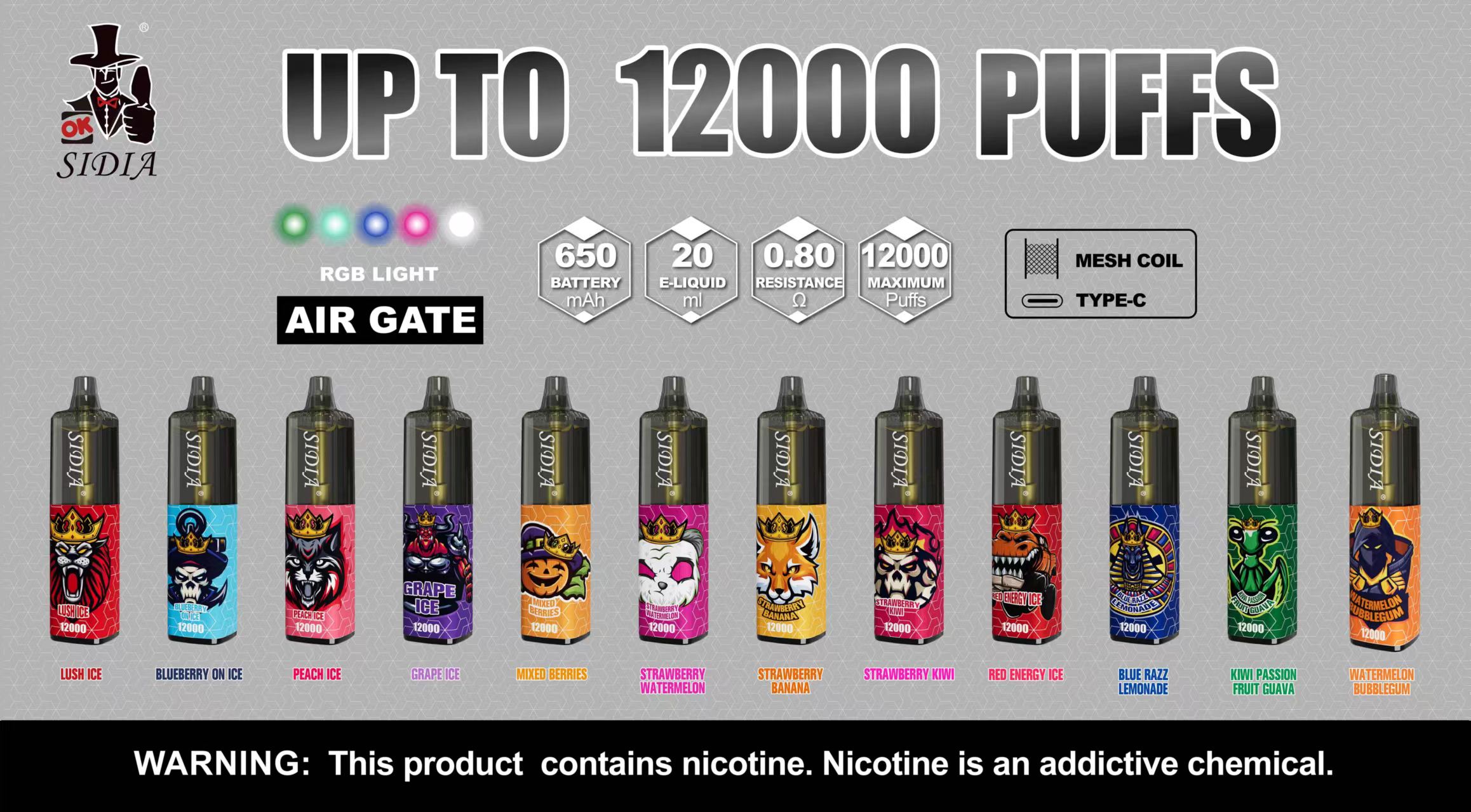 2024 Europe vente chaude Sidia bouffée 12000 bouffées 20 ml prérempli jetable Vape E-cigarette RGB lumière 11 couleurs maille bobine vape stylo kit de vapeur bouffée 12k