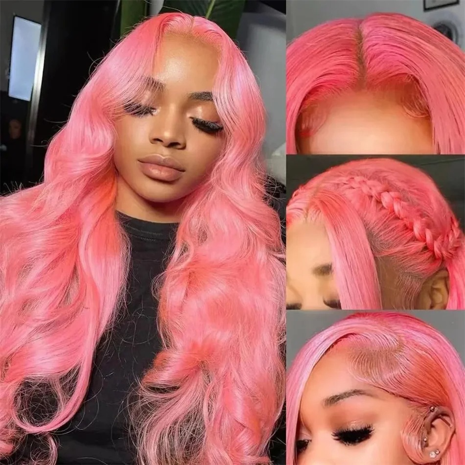 Rosa spetsfront peruk mänsklig hår 13x4 transparent hd spets frontala peruk brasiliansk färgad kroppsvåg spets front peruk för kvinnor försäljning