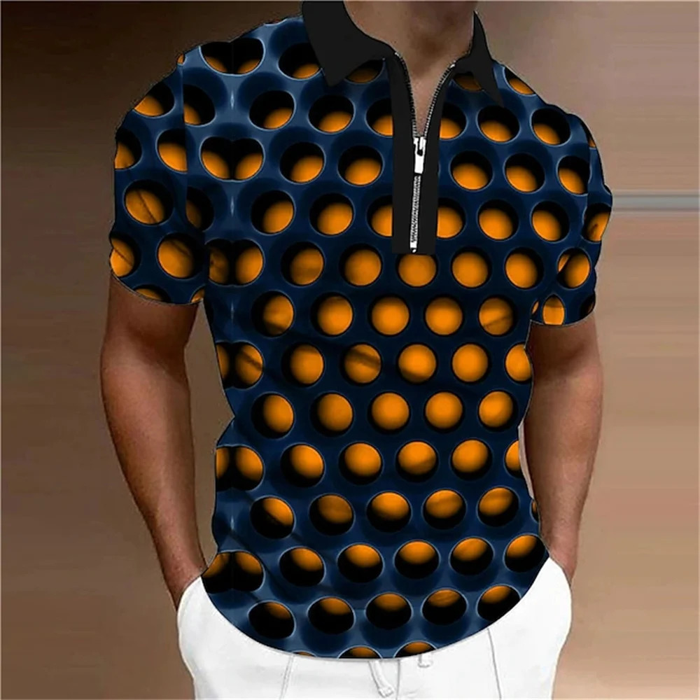 Polo-T-Shirt für Männer, 3D-Optik-Täuschung-Druck, Reißverschluss, kurze Ärmel, Tops, Designer, atmungsaktive Kleidung, Sommer, Hip-Hop, Golfbekleidung, 240307