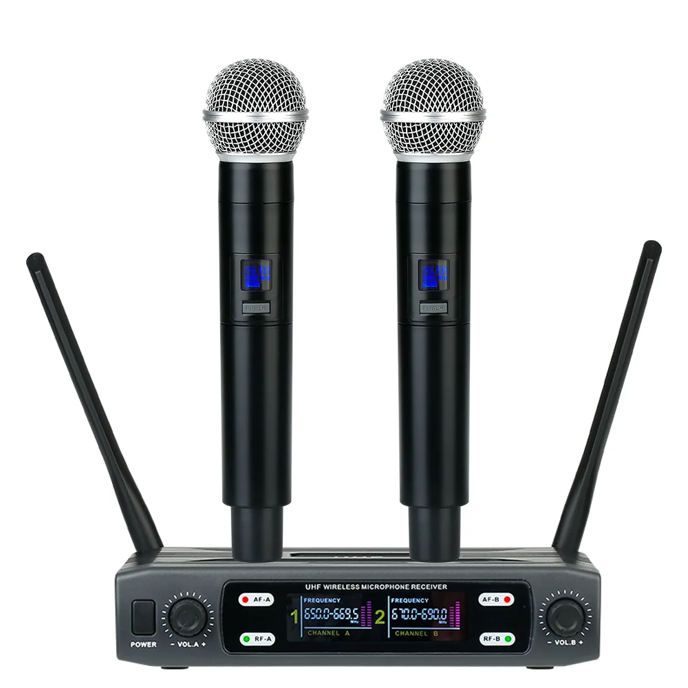 Microfoons BOMGE's draadloze microfoon Dubbele kanalen UHF Dynamische microfoon met vaste frequentie voor karaoke Bruiloftsband Kerkshow