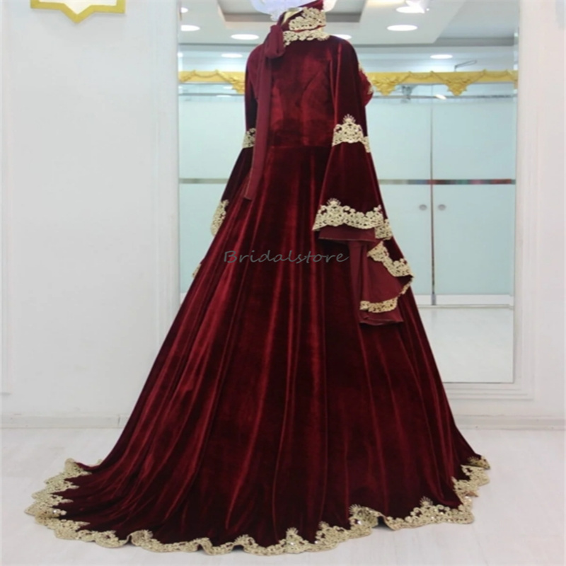 Traditionelles kaftan marokkanisches Hochzeitskleid 2024 Burgund Puffärmel Arabisch Dubai Brautkleider Goldapplikationen Türkisches Brautkleid Vestios Novia Robes De Mariee 2024