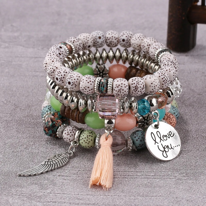 I Love You Charms Bracelets Fashion Wing Round Pendant Rice Beads Beaded Bangle Lover Couples Gift Bohemian Colorful Multilayer Elastic Handmade Jewelry Pulsera