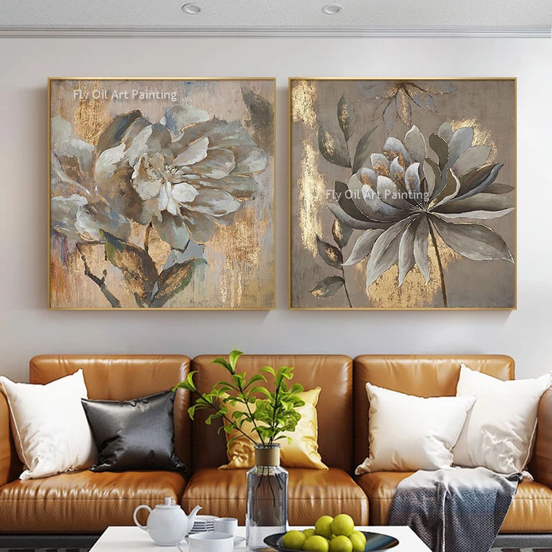 100% handgemaakte moderne abstracte goudfolie bloem olieverfschilderij op canvas nordic wall art foto voor woonkamer home decor